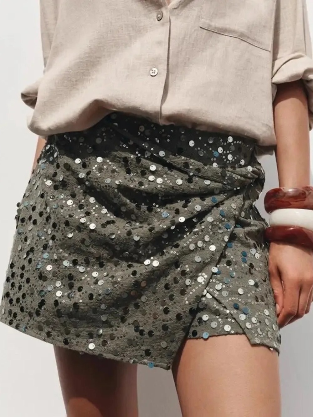 Zara Olive Green Sequin Wrap Skort Size M Holiday Party Mini